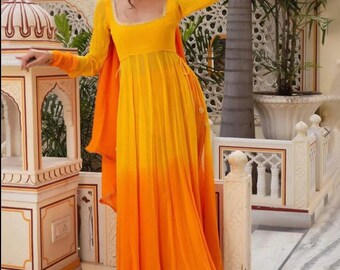 パンジャビ スーツ 3点　アナルカリ　イエロー/ブルー パンジャビ スーツ 3点 アナルカリ イエロー⁄ブルー