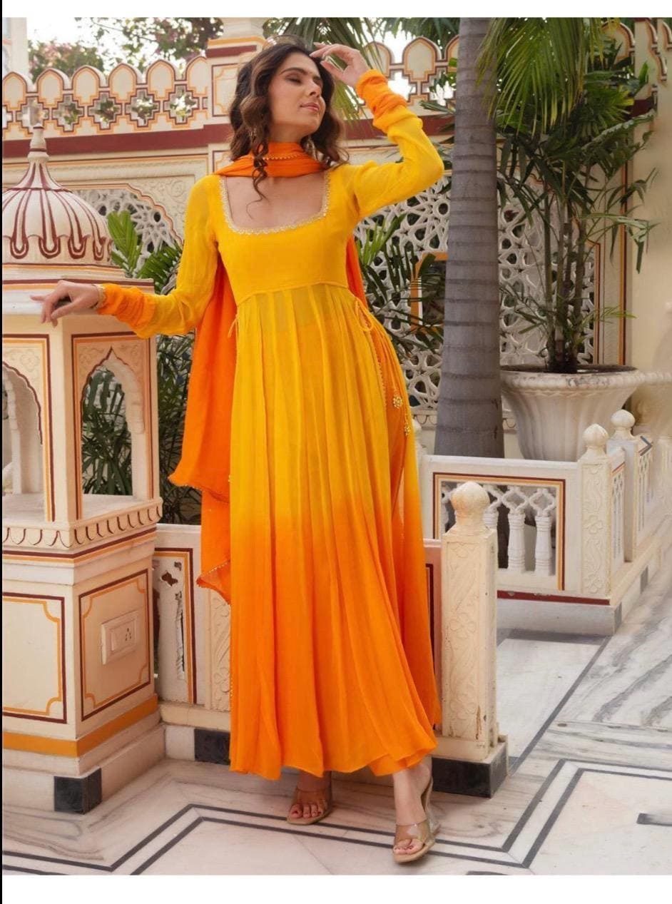 ワンピース Punjabi Dress mustard yellow a 3pc embroidered-georgette-punjabi-