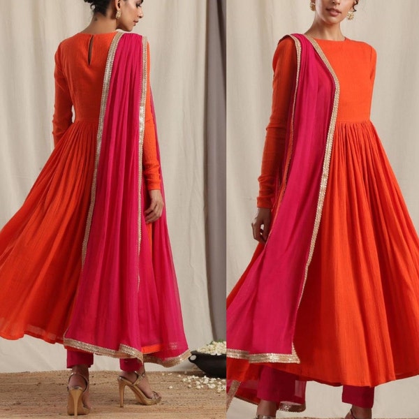 Cotton Anarkali salwar suit kurti Indian maxi dress with chiffon dupatta custom stitched to plus sizes