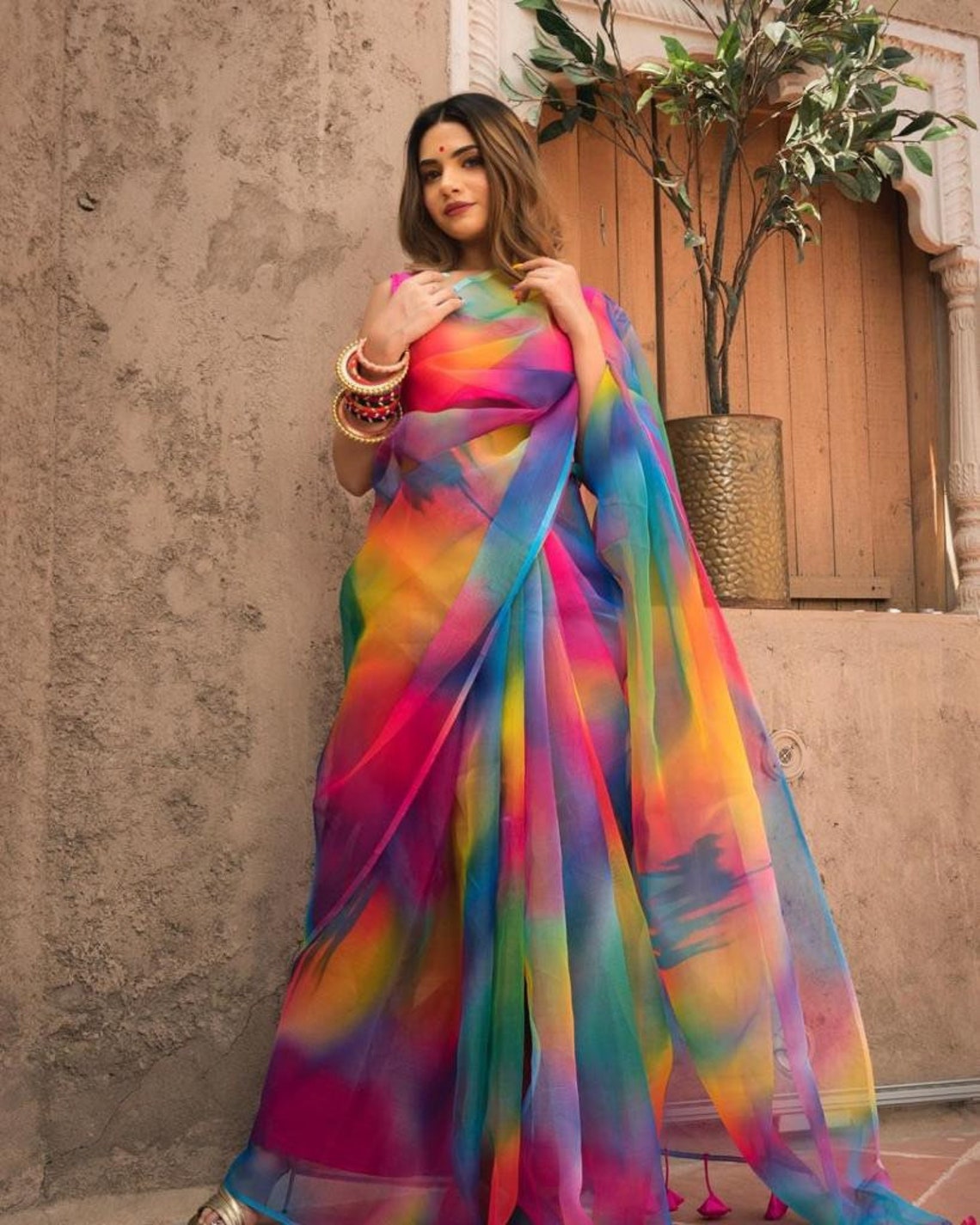 Organza Saree/indian Sarees/rainbow Printed Colour Full Saris Etsy UK