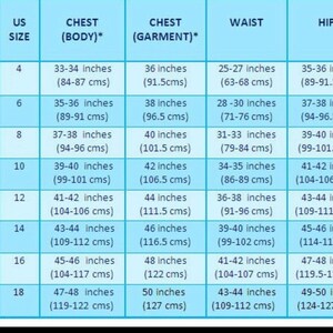 May include: A size chart with measurements in inches and centimeters. The chart includes sizes XS to 1X, with corresponding US sizes, chest, waist, and hip measurements. The chart is for clothing.
