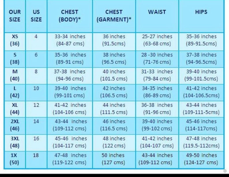 May include: A size chart with measurements in inches and centimeters. The chart includes sizes XS to 1X, with corresponding US sizes, chest, waist, and hip measurements. The chart is for clothing.