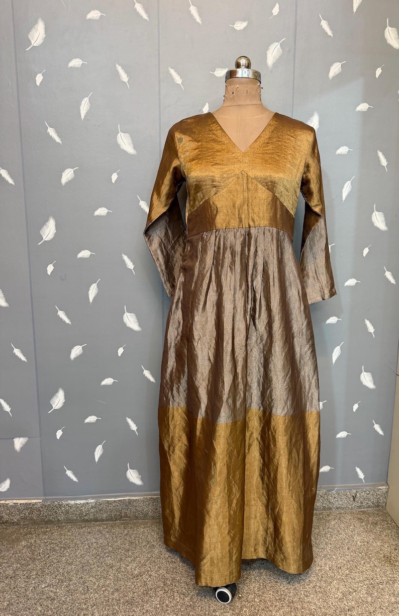 Gold Tissue Silk Anarkali Dress women Indian Wedding Outfit image 4