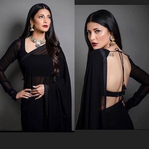 Black Saree plain simple sari with full sleeve blouse