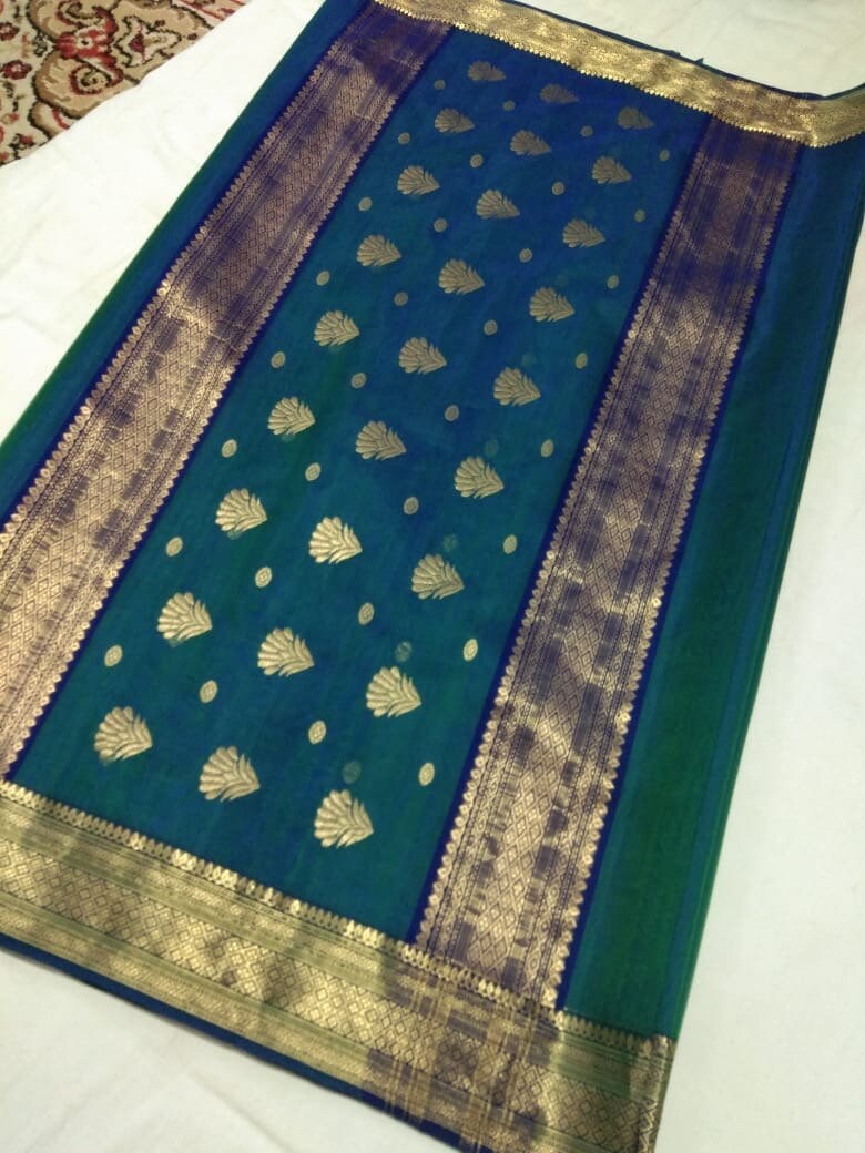 Pure chanderi indian katan silk Green gold butti sarees | Etsy