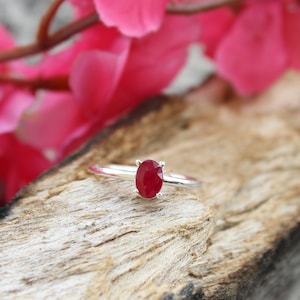 Genuine Ruby Ring Oval Cut Gemstone Solitaire Ring Anniversary Birthday Gift 925 Sterling Silver July Birthstone Single Stone Handmade Ring