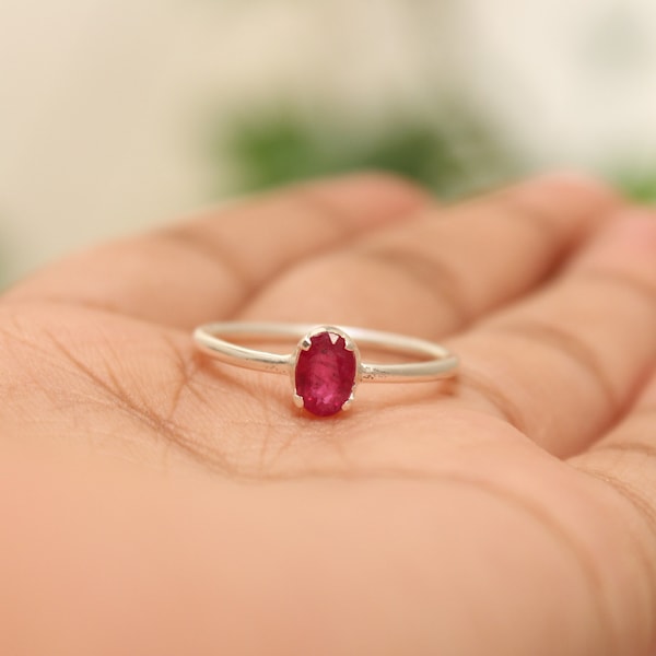 Genuine Ruby Ring Oval Cut Gemstone Ruby Solitaire Ring Anniversary Ring 925 Sterling Silver July Birthstone Single Stone Handmade Ring