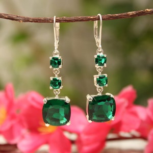 Emerald Cushion Cut Dangle Earrings: 925 Sterling Silver Lever Back