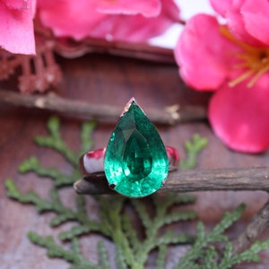 Emerald Green Pear Ring: Lab Created May Birthstone, Sterling Silver Overlay