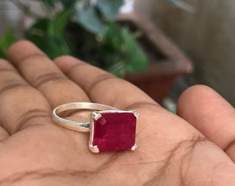 Handmade Ruby Solitaire Ring: Octagon Cut Sterling Silver July Birthstone