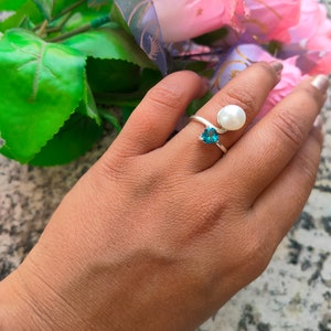Natural Swiss Blue Topaz Pear Cut & White Pearl Ring 925 Sterling SilverLondon Blue topaz Layering Ring January Ring Birthday Christmas Gift