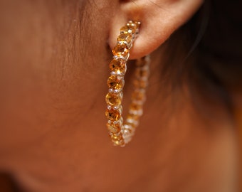 HSWE Gemstone Hoop Earrings for Women Wide Statement Beaded Hoop Earrings Copper Wire Wrapped Earrings Golden