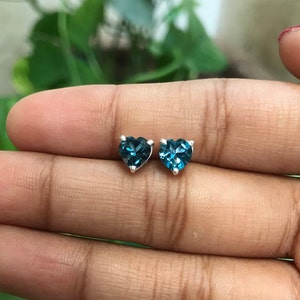Natural London Blue Topaz Stud Earrings 925 Sterling Silver Heart Cut Stud Birthday Christmas Gift Single Stone Earrings November Birthstone