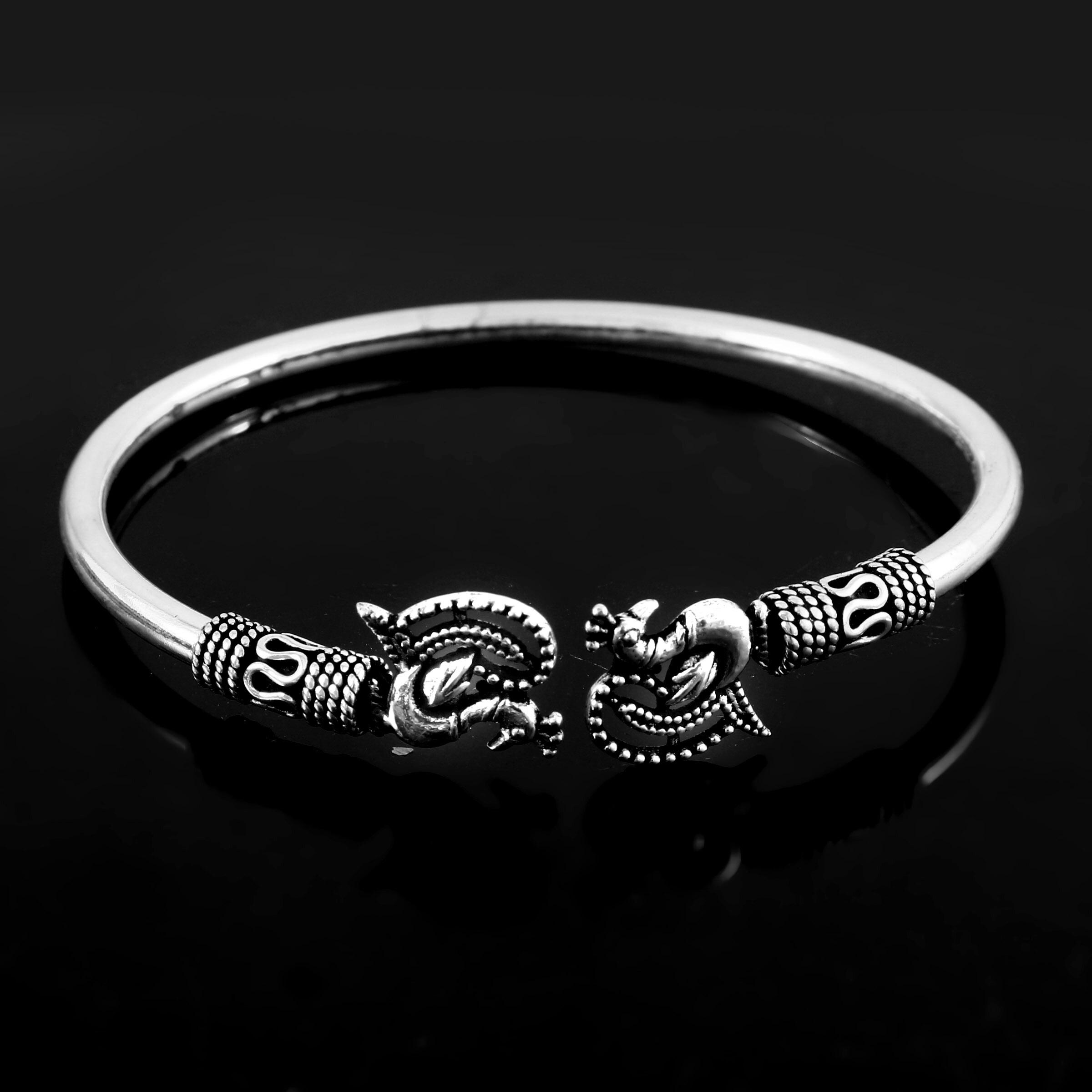 Oxidized Sterling Silver Peacock Bangle - Indian Animal Bracelet