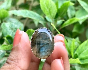 Natural Labradorite Ring Big Stone Chunky Ring Oval Cut Blue Fire Ring Spectrolite Ring Unisex Ring Handmade Birthday Anniversary Gift