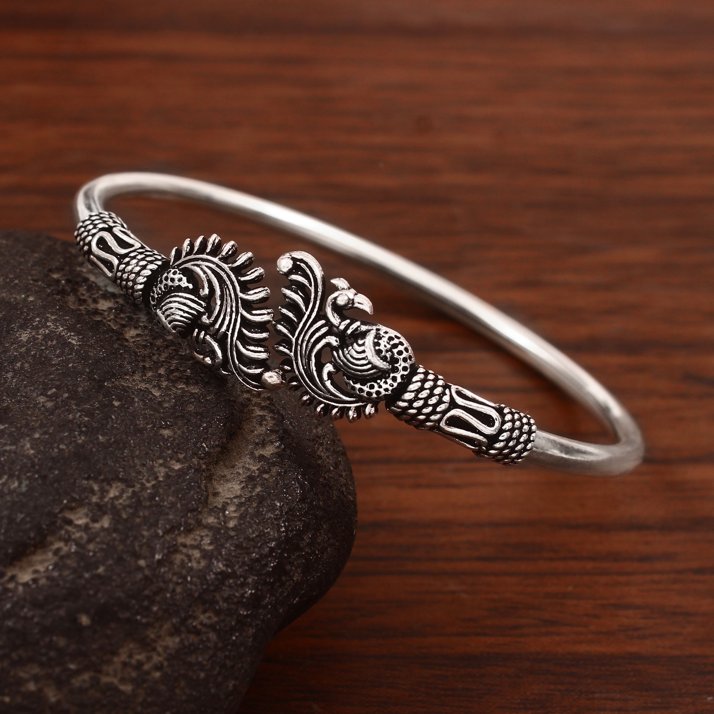 Oxidized Sterling Silver Peacock Bangle: Indian Jewelry (2.4