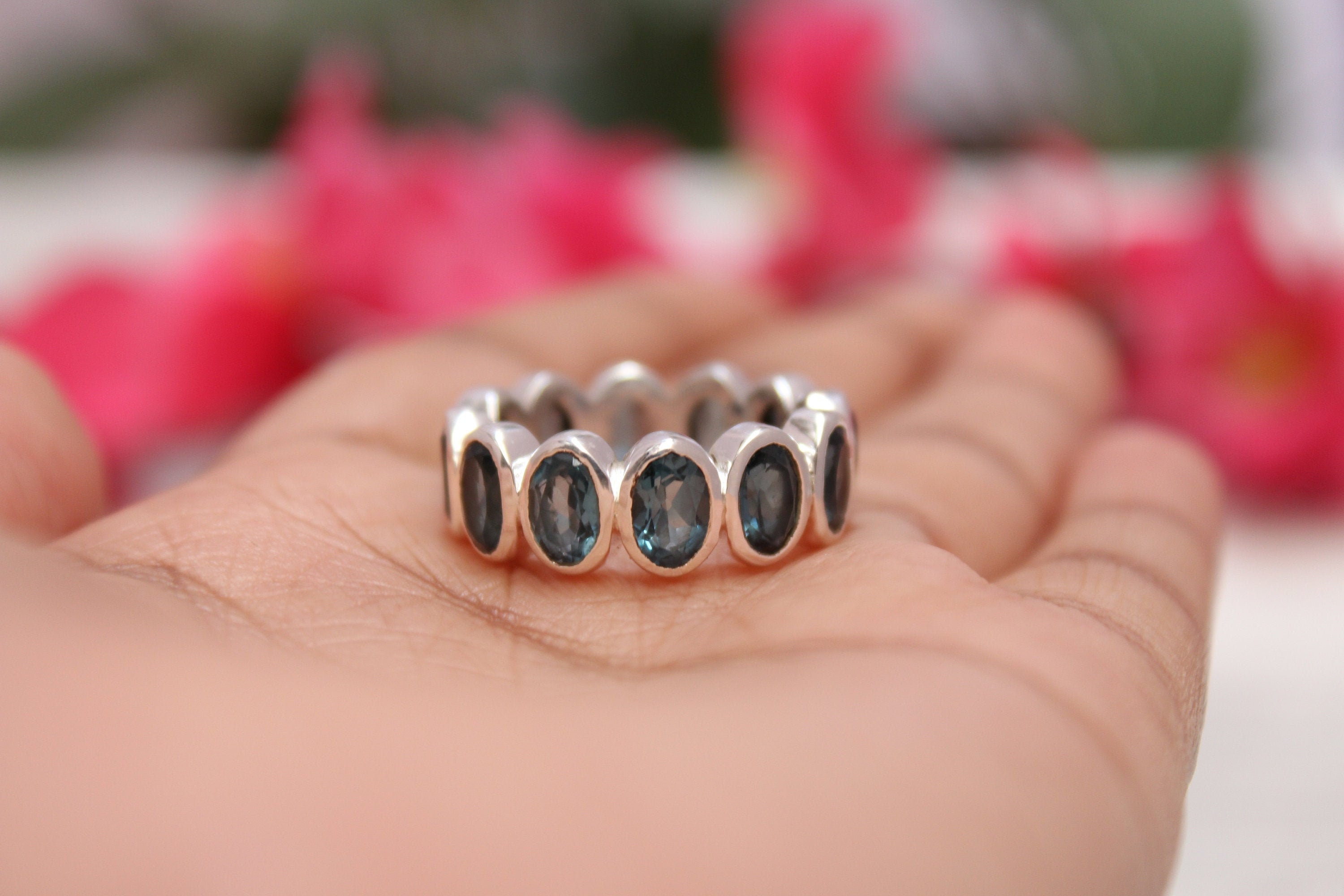 London Blue Topaz Wedding Band, Long Hexagon Cut 5x9mm
