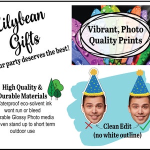 Infographic of the benefits of Lilybean Gifts products High quality materials waterproof ink durable glossy photo media good for short term outdoor use the photos have a clean edit meaning no white border around the face