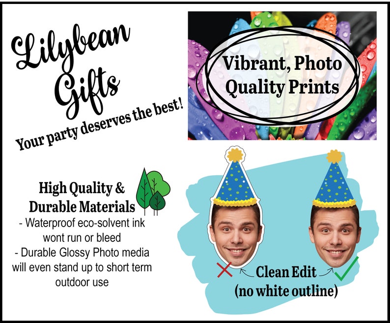 Infographic of the benefits of Lilybean Gifts products High quality materials waterproof ink durable glossy photo media good for short term outdoor use the photos have a clean edit meaning no white border around the face