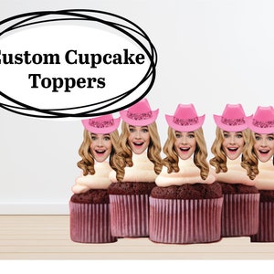 Toppers de cupcake com rosto de cowgirl personalizados – Escolhas para festa com chapéu rosa – Decoração de aniversário engraçada e personalizada com tema western
