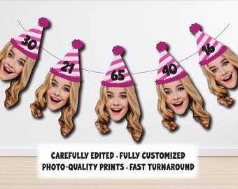 Custom Face Photo Banner • Funny Birthday Face Garland • Personalized Party Decor • Any Age 30th 40th 50th Birthday Decorations