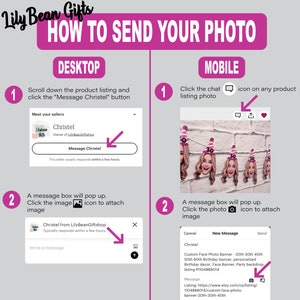 Diagram titled how to send your photo to submit your photo to lilybeangift shop once you place your order on desktop scroll down the product listing and click the message christel button on mobile all click the chat icon on any product listing photo