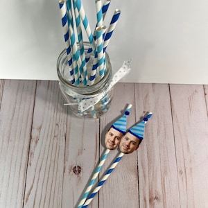 Blue Stripe Custom Face Party Straws - Funny Photo Straws - Party Decor,  Personalized decoration
