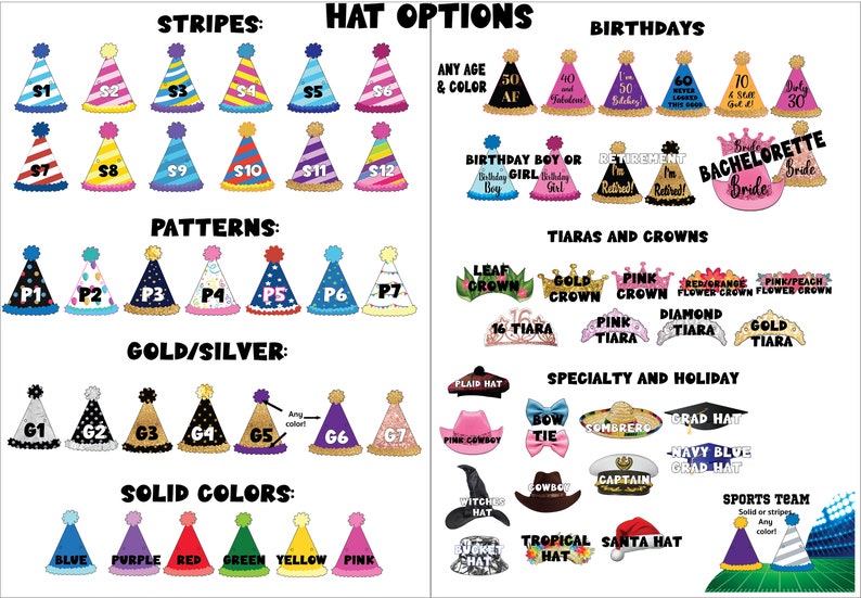 Photo diagram of the different party hats that can be added to custom party decor lists stripes patterns gold silver rose gold solid colors birthday hats retirement bachelorette tiaras and crowns and speciality holiday
