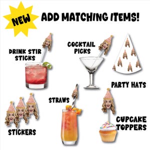 A set of party supplies featuring a variety of items with a photo of a person on them. The items include drink stir sticks, cocktail picks, party hats, straws, stickers, and cupcake toppers.