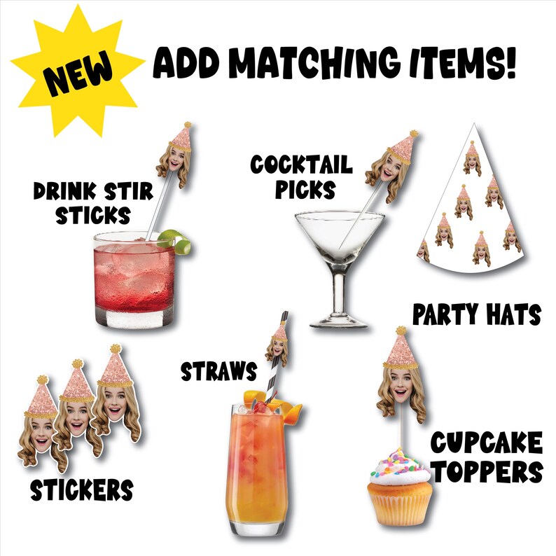 A set of party supplies featuring a variety of items with a photo of a person on them. The items include drink stir sticks, cocktail picks, party hats, straws, stickers, and cupcake toppers.