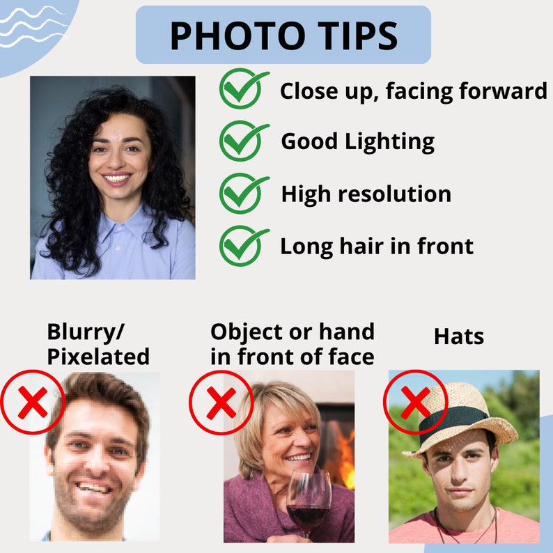 Op de afbeelding: Een foto-illustratie met tips voor het maken van goede profielfoto's. De tips zijn: close-up, naar voren gericht, goede belichting, hoge resolutie en lang haar in de voorkant. De illustratie laat voorbeelden zien van wat je wel en niet moet doen. De 'niet'-voorbeelden zijn een wazige foto, een foto met een object voor het gezicht en een foto met een hoed.