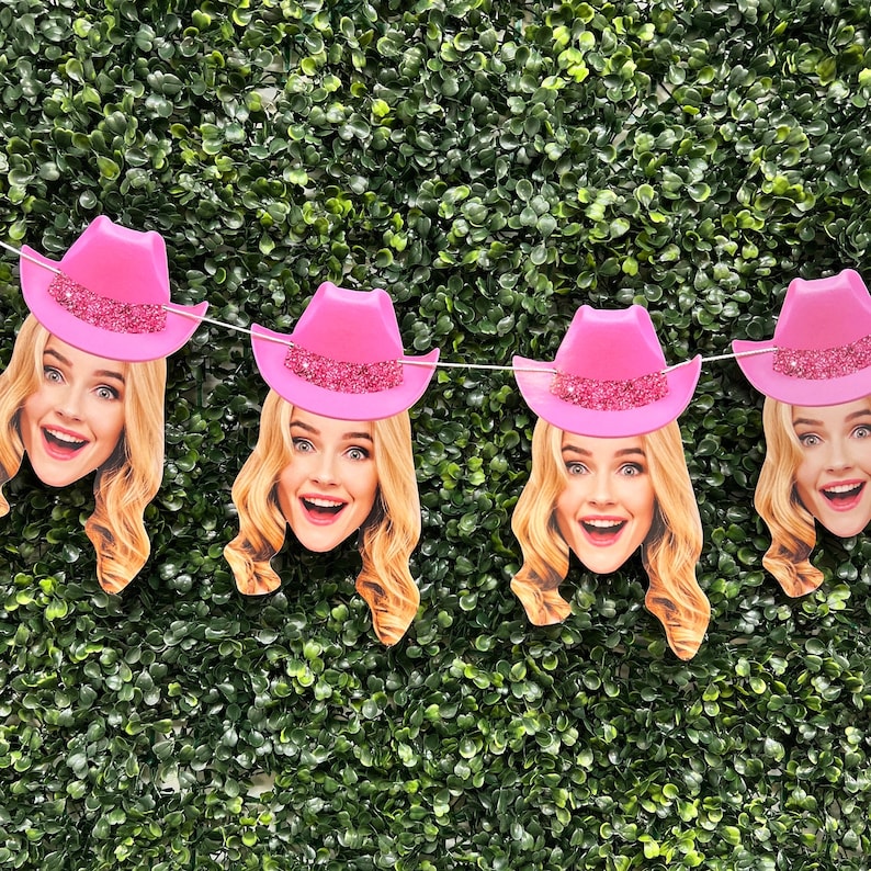 Pink Cowgirl Custom Head Photo Banner - Bachelorette - Birthday - Pink Cowboy Hat - Personalized Party Decor - Stagette - Disco Cowgirl Bach image 1