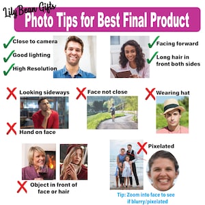 Images showing examples of best photos to use for custom items Photo tips for best final product close to camera good lighting high resolution facing forward long hair in front on both sides