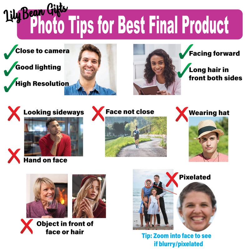Images showing examples of best photos to use for custom items Photo tips for best final product close to camera good lighting high resolution facing forward long hair in front on both sides