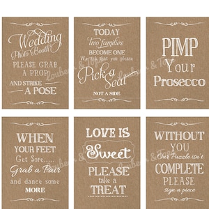 Imprimible digitalmente: novia y novio, letrero de boda rústico Kraft, paquete de 24, tarjetas y regalos, libro de visitas, elegir asiento, el amor es dulce y más