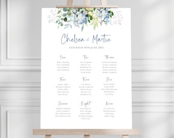 Rustic Blue Floral Table Plan, Wedding Breakfast Seating Chart, Table Seating Chart (Hyacinth Collection)