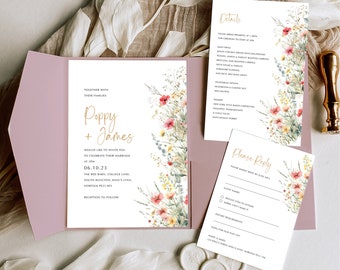 Wild flower Pocketfold Wedding Invitation, Pocket Fold, Pocketfold Invitation, Wedding Invitation with Inserts (Poppy Collection)