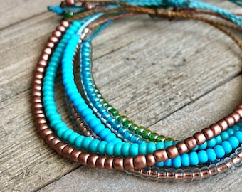 Bead Stack Bracelet or Anklet // Waterproof Adjustable Surfer Wax Cord Jewelry