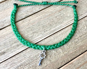 Clover Key Charm Braided Bracelet or Anklet // Waterproof Wax String Surfer Jewelry, St.Patrick’s Day, Beach Swim Active Accessories