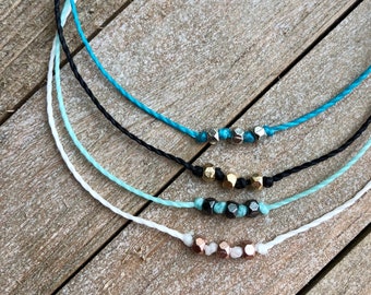 Delicate 3 Bead Bracelet or Anklet // Waterproof Adjustable Surfer Waxed String Handmade Jewelry