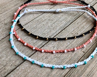 Dainty Stitched Beaded Braid Bracelet or Anklet // Waterproof Adjustable Surfer Waxed String Handmade Jewelry