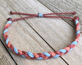 Tricolor Thick Braid Bracelet or Anklet // Waterproof Adjustable Surfer Wax Cord Handmade Jewelry
