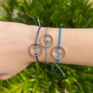 Circle Charm Bracelet or Anklet // Waterproof Surfer Style Adjustable Wax Cord Jewelry, Heart, Star, Shell, Dolphin, Anchor