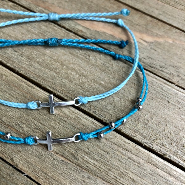 Mini Cross Connector Charm Bracelet or Anklet // Waterproof Adjustable Wax Cord Christian Jewelry for Surfing Swimming Pool Summer