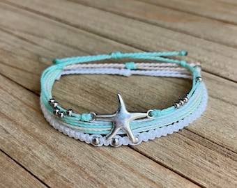 Starfish Bracelet Set, Waterproof Wax Cord, Adjustable Beach Jewelry