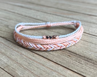 PEACHES & CREAM Bracelet or Anklet Stack, Set of 3 // Waterproof Adjustable Wax Cord Bracelets; Fishtail Braid, Rose Gold Beaded Mini Braid