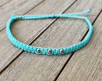 Aquamarine and Silver Beaded Macrame Bracelet // Waterproof Waterproof Wax Cord Surfer Jewelry, minimalist boho silver accessories, RTS