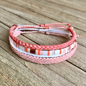 PEACHY Bracelet or Anklet Stack, Set of 4 // Waterproof Adjustable Wax Cord Bracelets or Anklets, Tila Bead, Flat Braid, & Seed Bead Jewelry