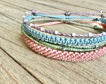 NEW! Subtle Bracelet Stack, Set of 4 Waterproof Adjustable Wax Cord Bracelets or Anklets, surfer style, 24/7 wear, mix & match set