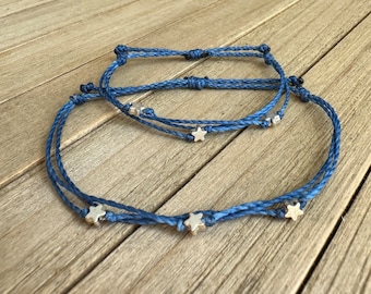 Tiny Stars String Bracelet or Anklet // Waterproof Adjustable Wax Cord Boho Beach Surfer Jewelry with Gold or Silver Metal Star Beads